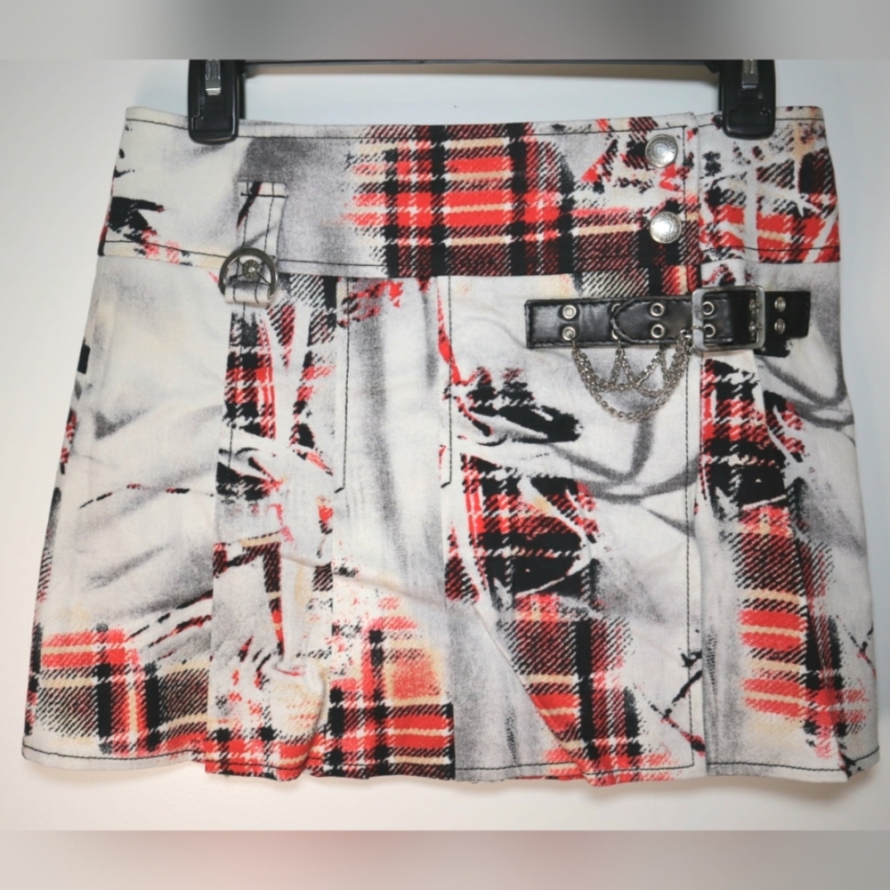 RARE MORGAN ❤️ A line pleated punk plaid mini skirt with chain never worn